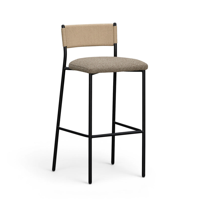 Boucle upholstered bar stool, beige seat and backrest panel, black legs and footrest