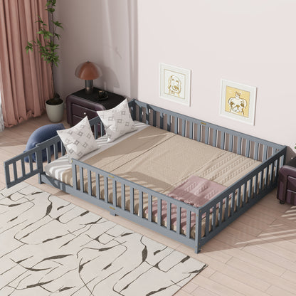 Queen Size Floor Bed with Fence, Door, Rubber Wood Floor Bed with Safety Guardrails, Grey