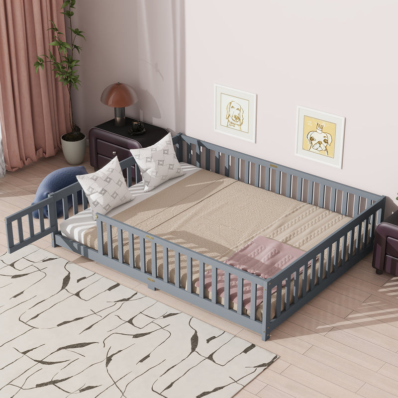 Queen Size Floor Bed with Fence, Door, Rubber Wood Floor Bed with Safety Guardrails, Grey