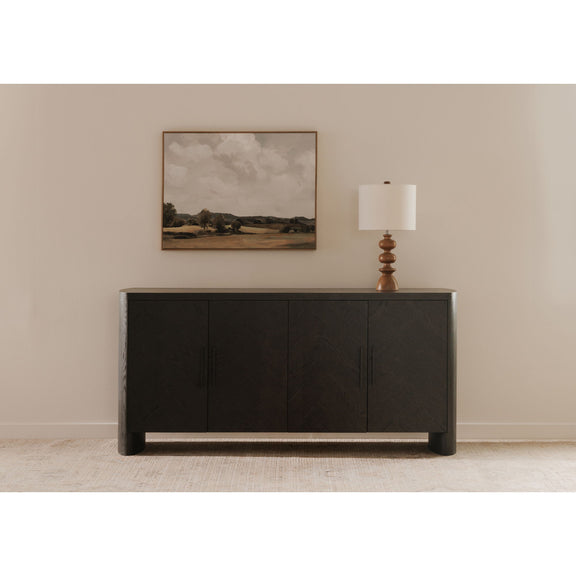 Black sideboard cabinet with four doors, vertical handles, and low tapered legs