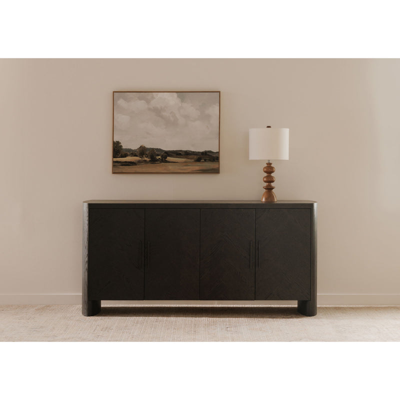 Black sideboard cabinet with four doors, vertical handles, and low tapered legs