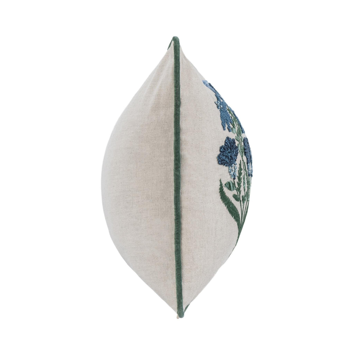 Floral lumbar pillow side view with green piping and blue flower motif on one panel