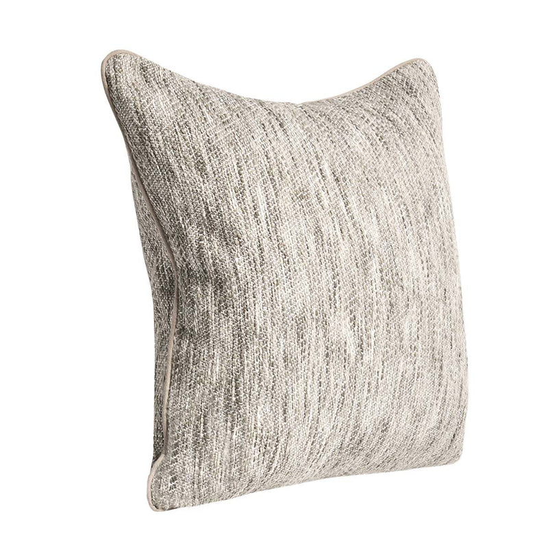 Natural linen-look square throw pillow angled view with piped edges and textured fabric