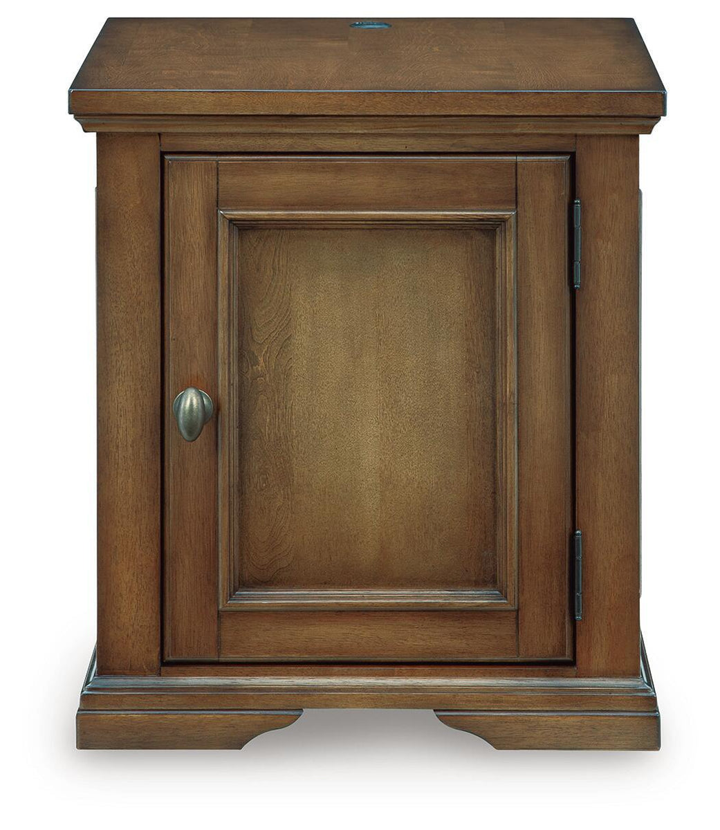 Dark brown wood end table with one door, oval metal handle, square top and base trim