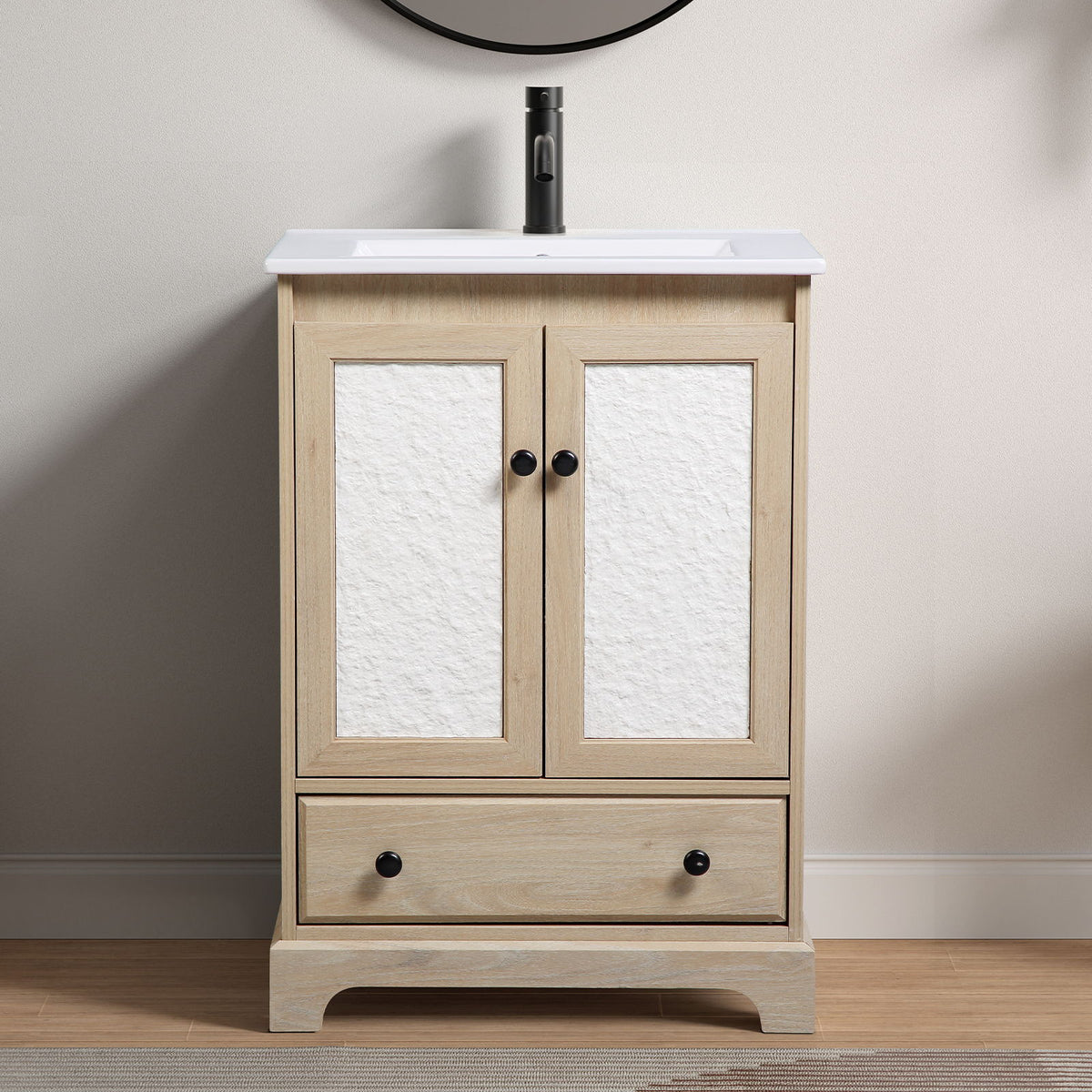 Light wood bathroom vanity cabinet with two doors and front drawer