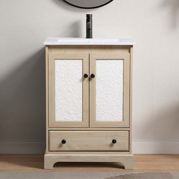 Light wood bathroom vanity cabinet with two doors and front drawer