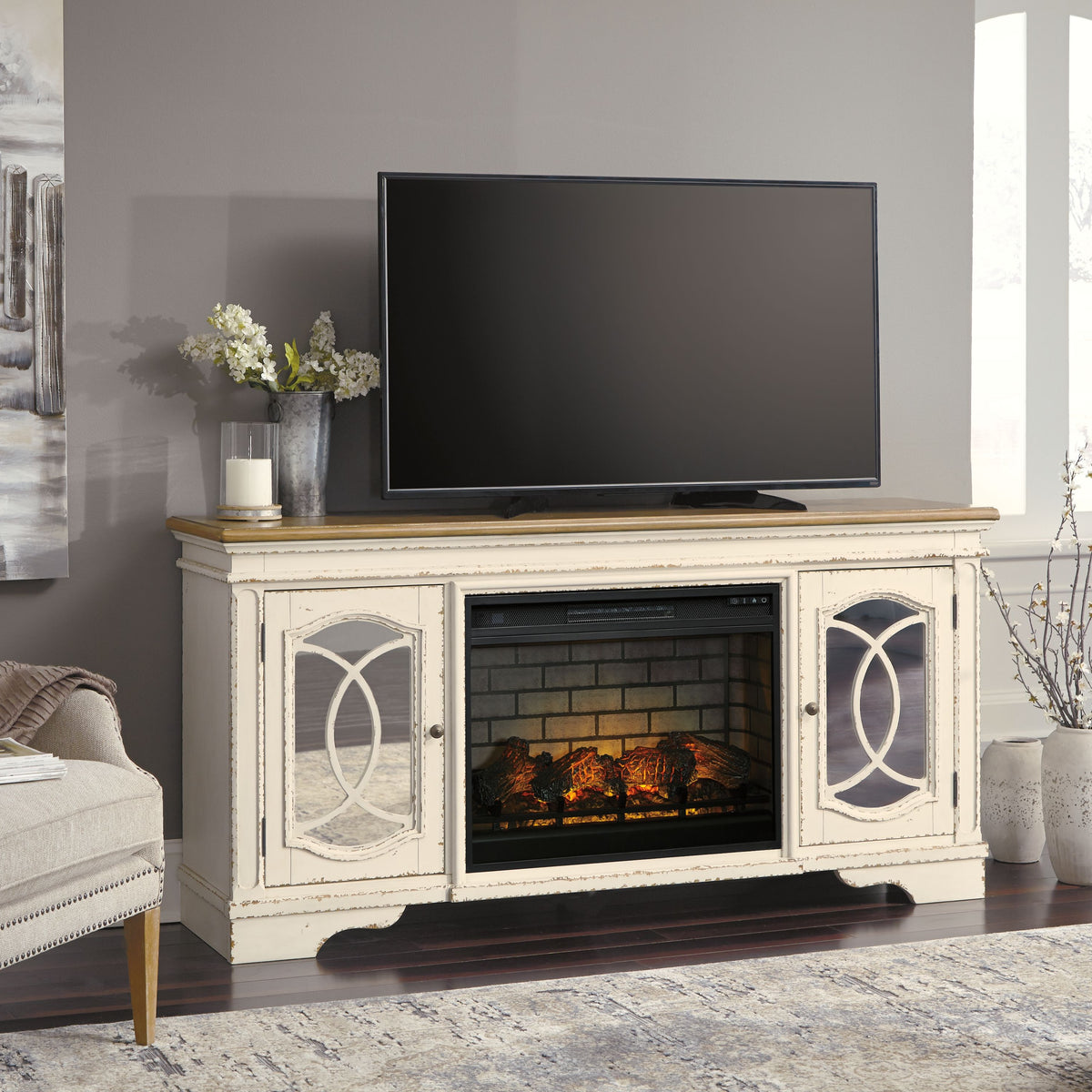 Realyn - Chipped White - 2 Pc. - 74" TV Stand with Electric Infrared Fireplace Insert