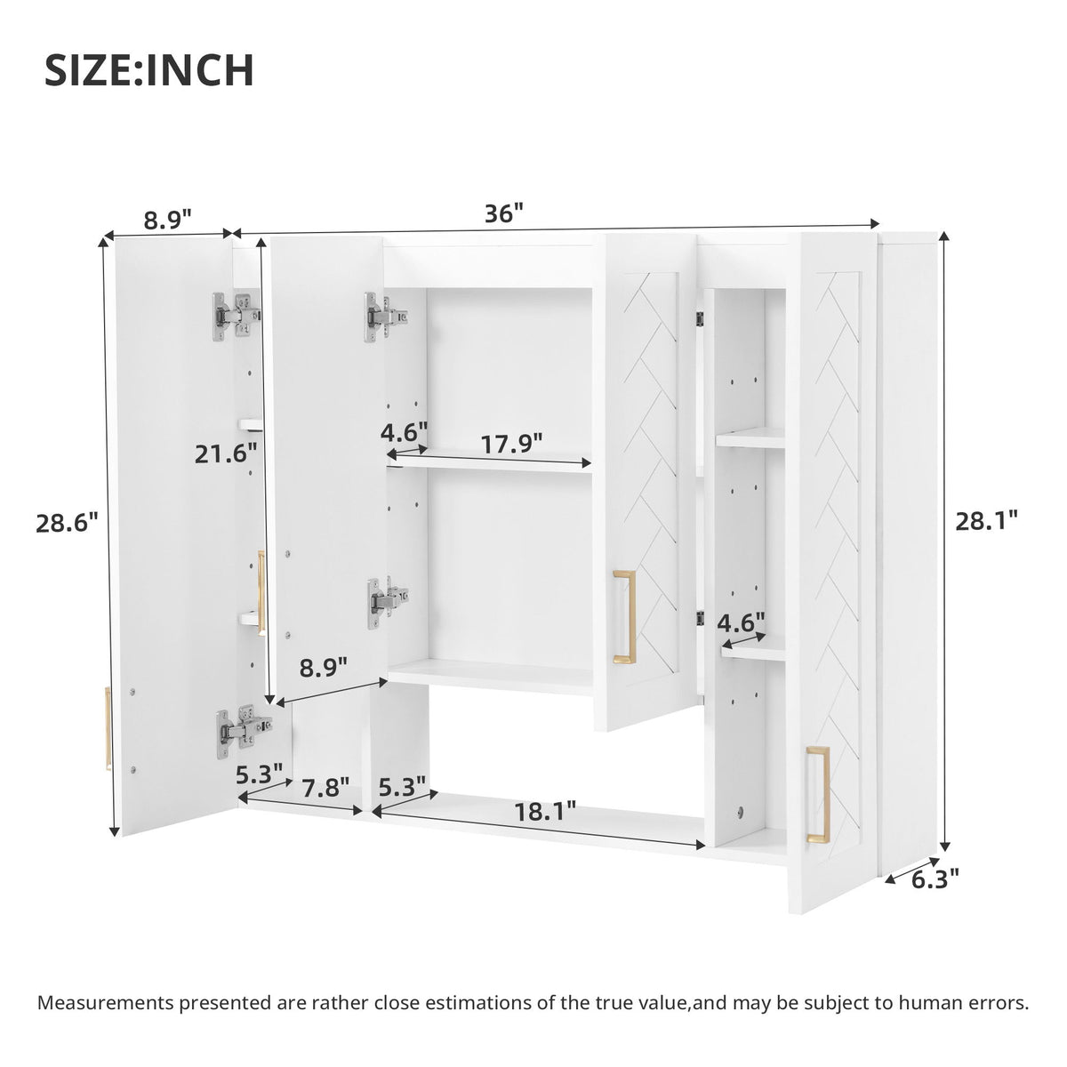White wall-mounted medicine cabinet size diagram with shelves and door openings