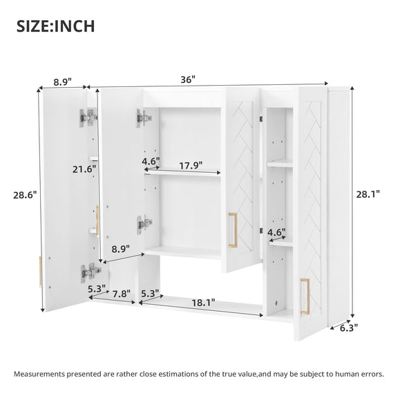 White wall-mounted medicine cabinet size diagram with shelves and door openings