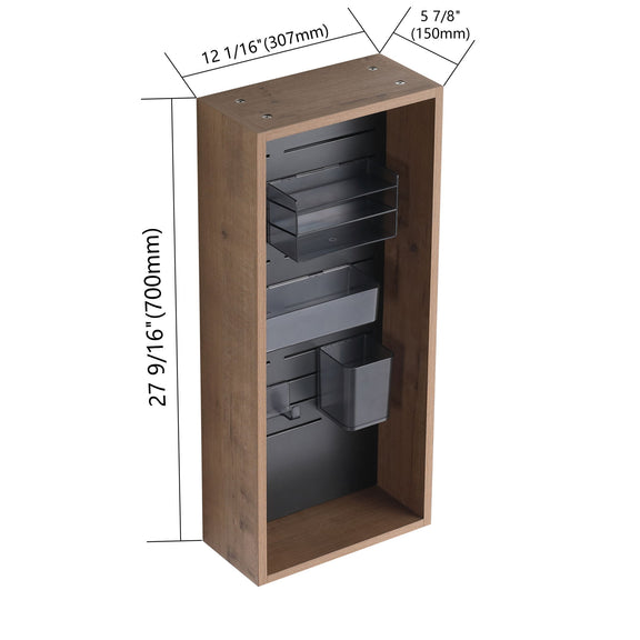Wall-mounted cabinet in imitation oak with open shelving and gray metal organizer bins