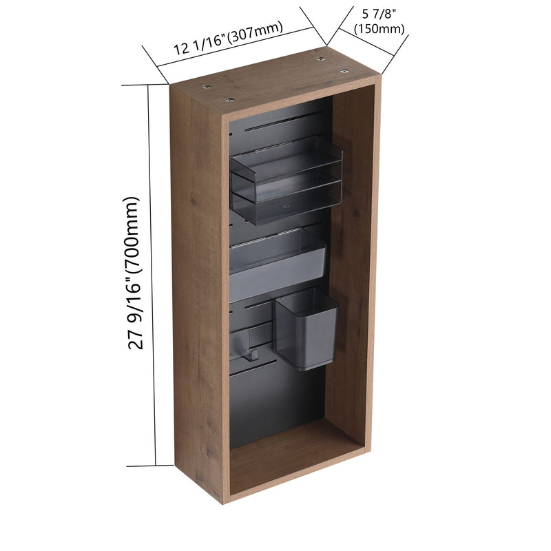 Wall-mounted cabinet in imitation oak with open shelving and gray metal organizer bins