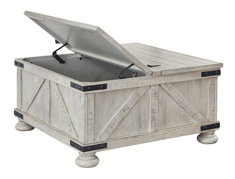 Whitewash storage cocktail table with lift-top and black metal hinges, on short legs