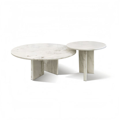 White marble-look round coffee duo table set with two nesting tables and straight columns