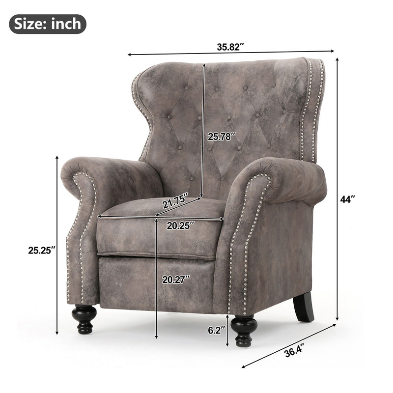 Gray recliner chair size chart diagram with inch measurements