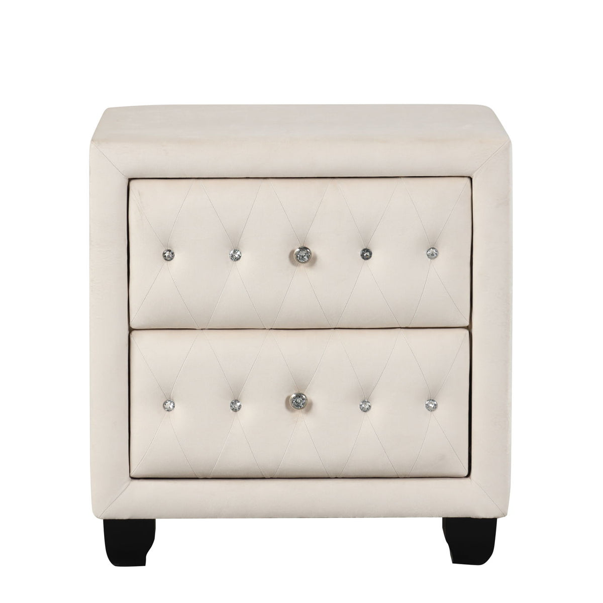 Beige upholstered 2-drawer nightstand with tufted front and silver nailhead trim