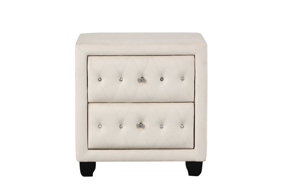 Beige upholstered 2-drawer nightstand with tufted front and silver nailhead trim