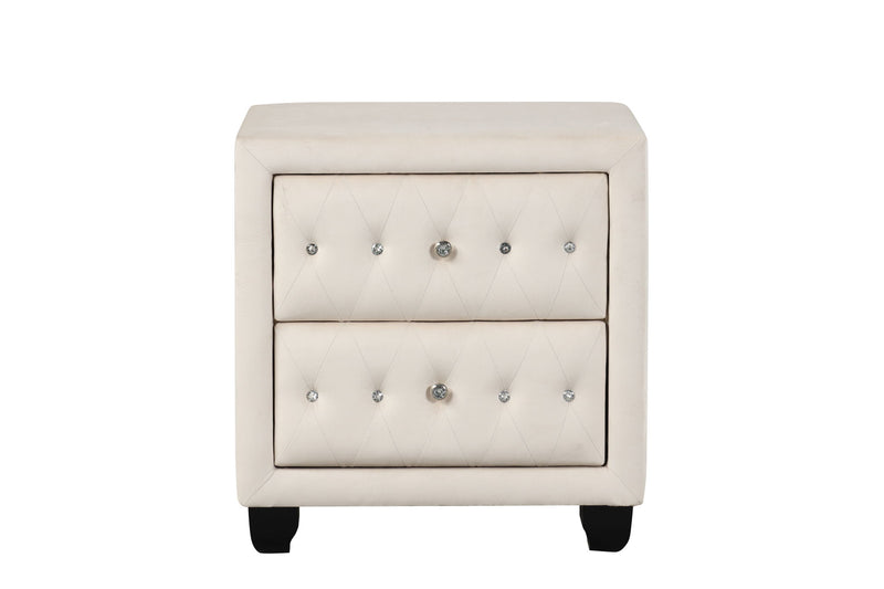 Beige upholstered 2-drawer nightstand with tufted front and silver nailhead trim