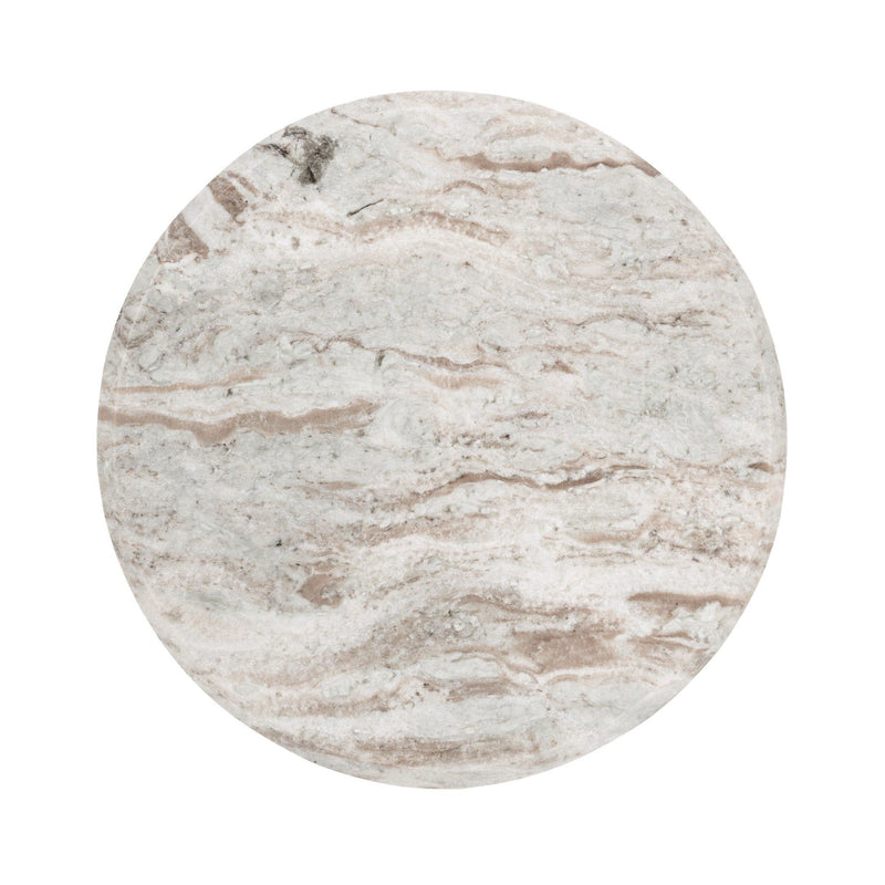 Round marble tabletop with cream base and gray veining, smooth polished finish