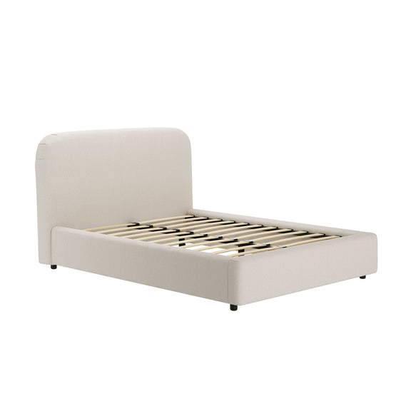 Light beige upholstered bed with rounded headboard and metal slat support base