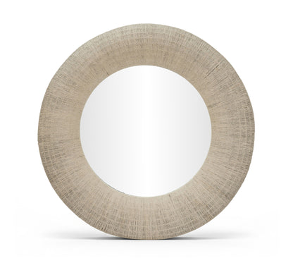 Round jute rope framed mirror with light brown textured border and centered reflective glass