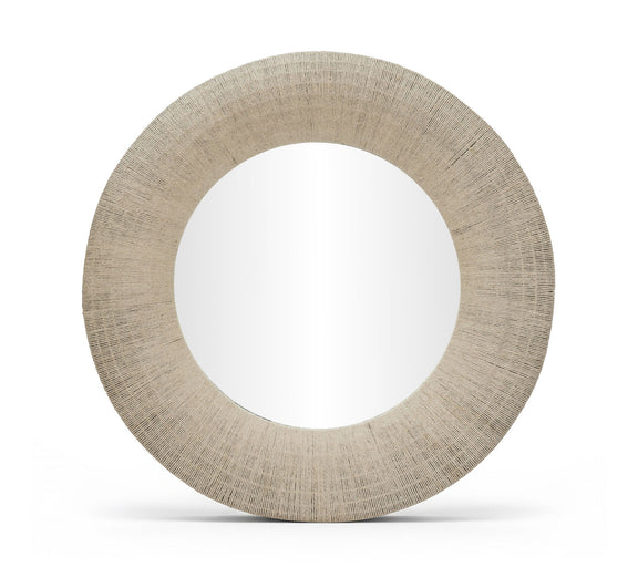 Round jute rope framed mirror with light brown textured border and centered reflective glass