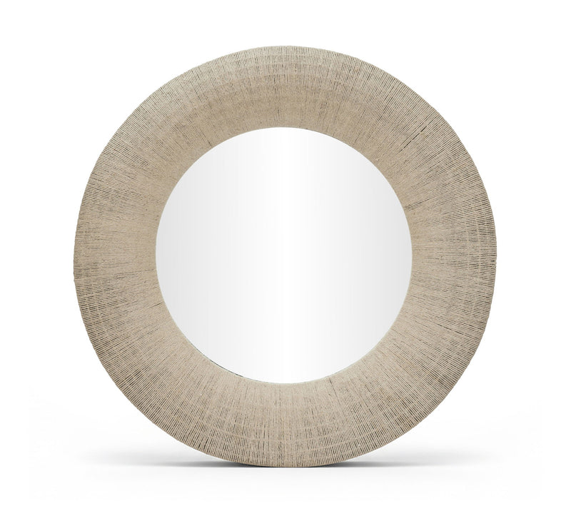 Round jute rope framed mirror with light brown textured border and centered reflective glass