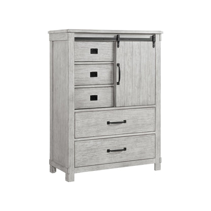 White 5-drawer chest front view with cabinet doors, three drawers, and black hardware