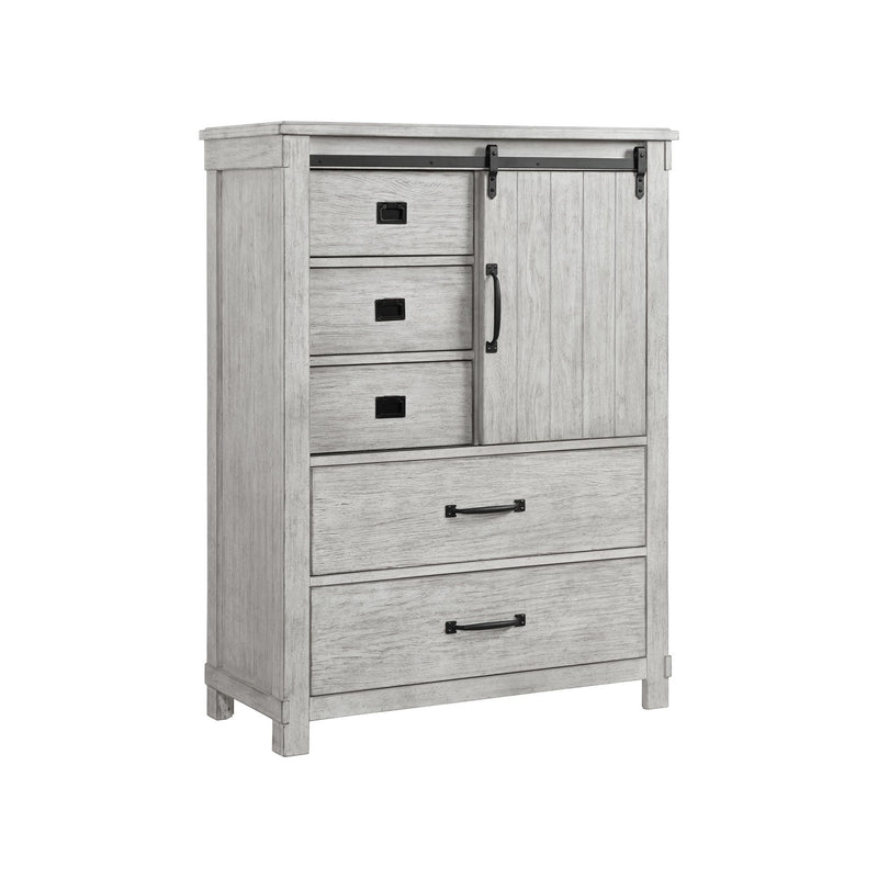White 5-drawer chest front view with cabinet doors, three drawers, and black hardware
