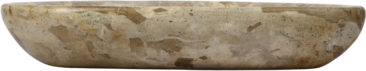 Whelan beige marble bowl with mottled pattern, smooth rounded oval rim