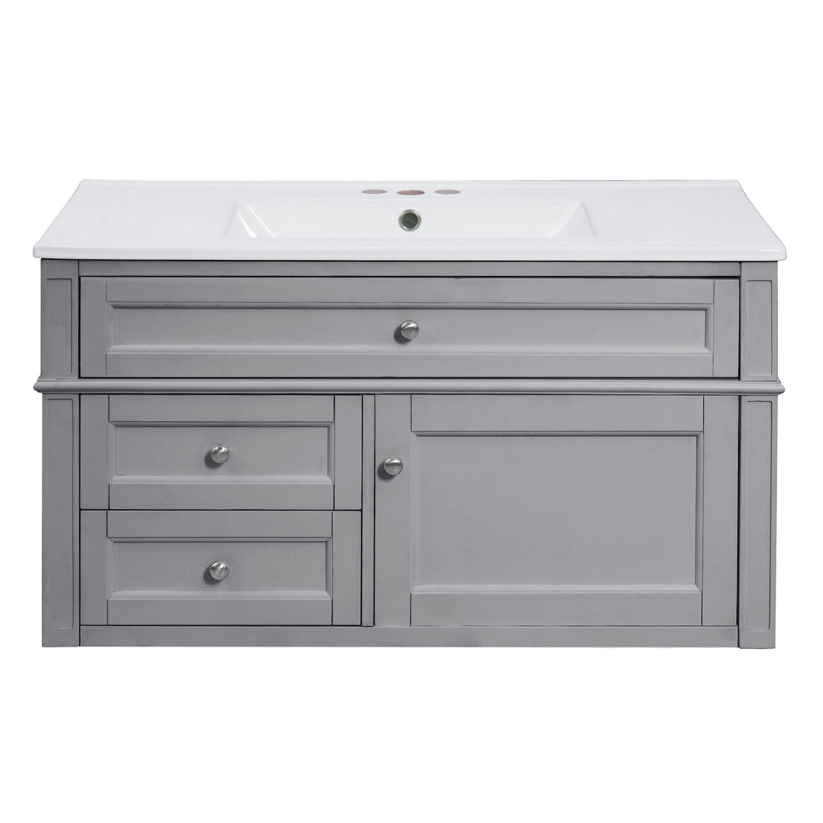 Medium gray wall-mounted bathroom vanity cabinet with sink, double drawers and center door