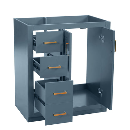Blue bathroom vanity with open doors and three drawers, showing interior storage
