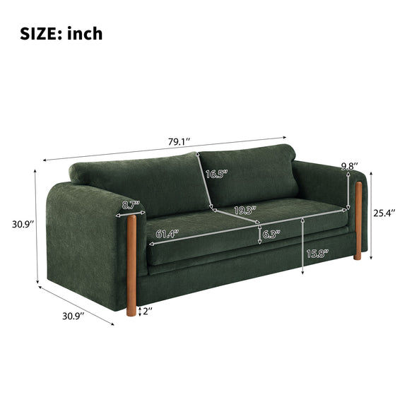 Dark green 3-seat upholstered couch with wooden arms and printed size measurements