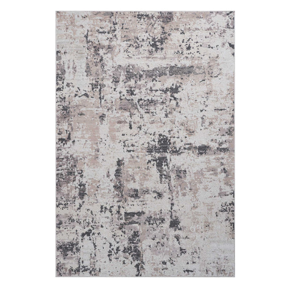 Abstract area rug with light beige and dark gray mottled distressed texture.