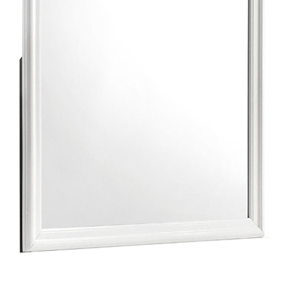 White framed square Blaze mirror close-up on reflective glass and border