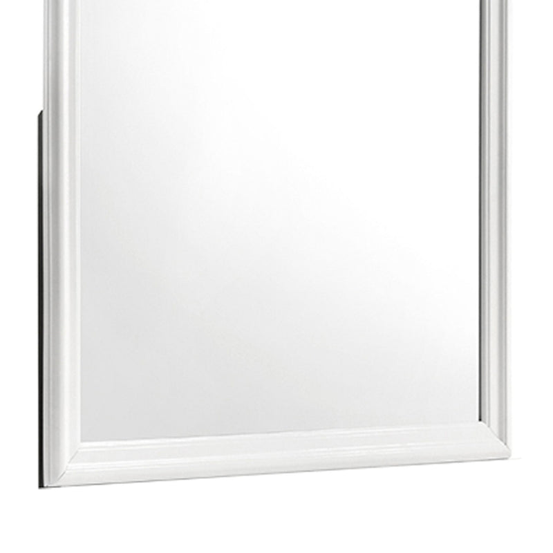 White framed square Blaze mirror close-up on reflective glass and border