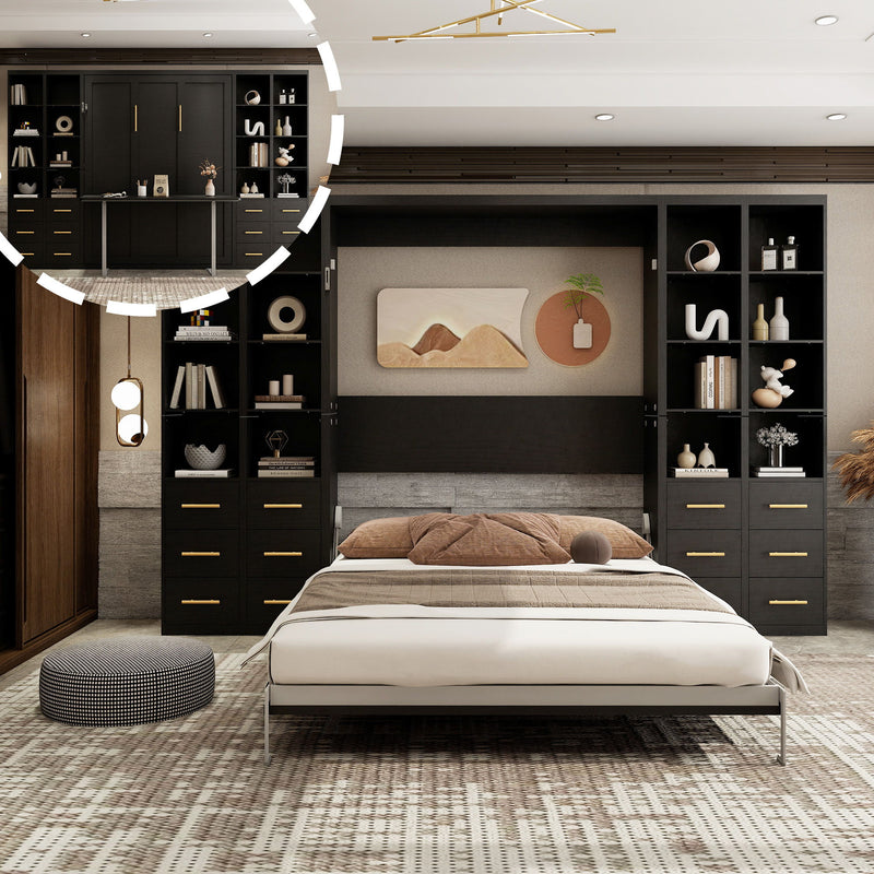 Vertical Murphy wall bed with dark storage cabinets and gold pulls, open bed with mattress