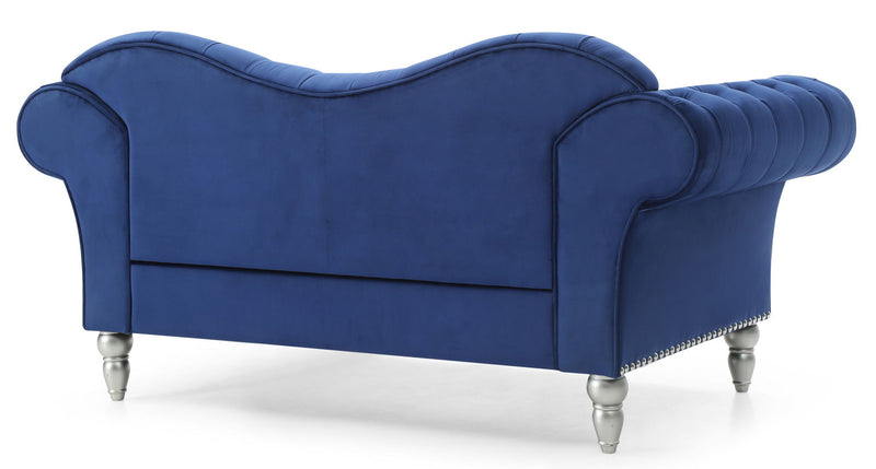 Dark blue round-arm loveseat with cushioned back and silver turned legs