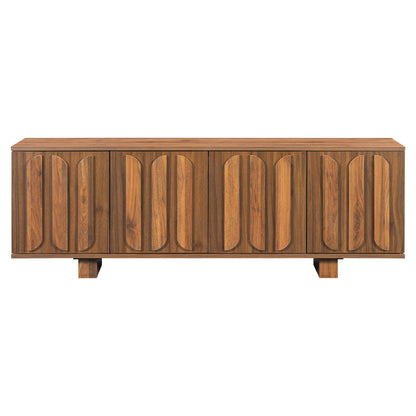 Light brown farmhouse TV stand with ribbed cabinet doors and open storage shelf