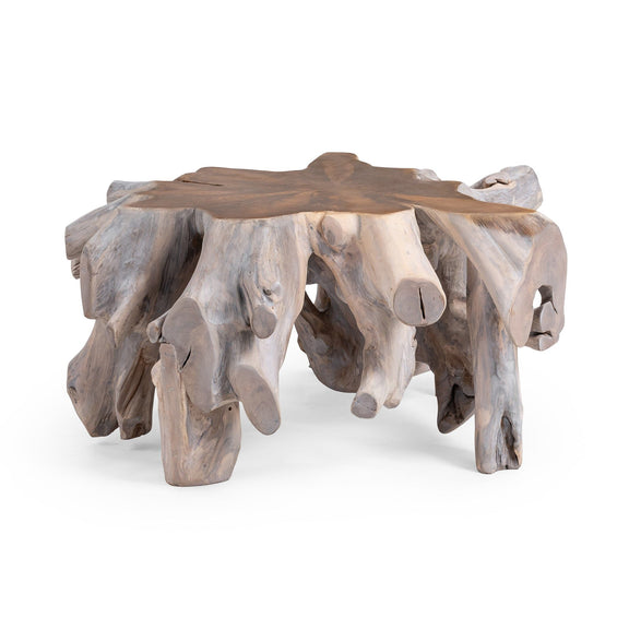 Root coffee table with natural white wash finish, sculpted base and thick tabletop