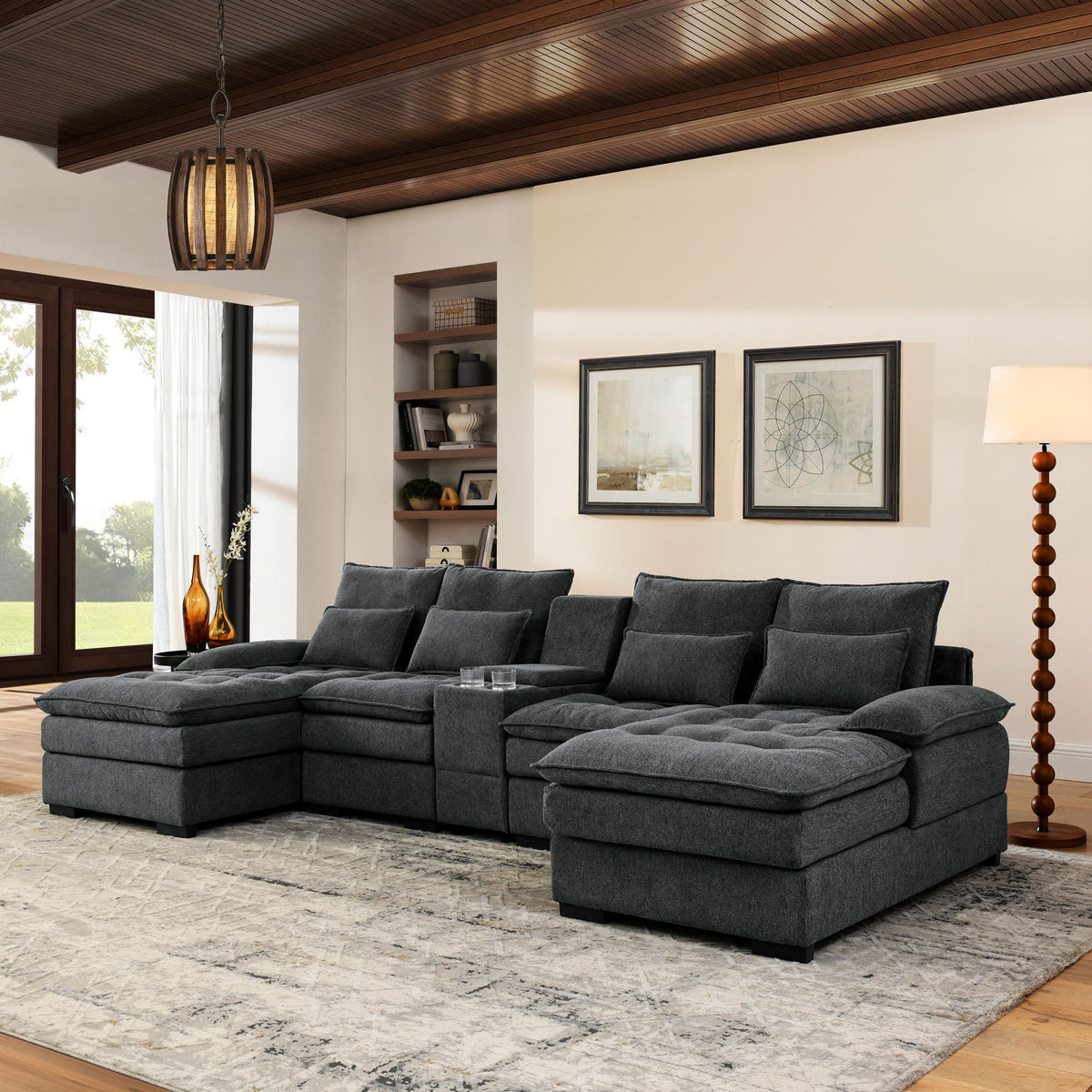 U Shaped Sofa With Console And Cupholders, 6 Seat