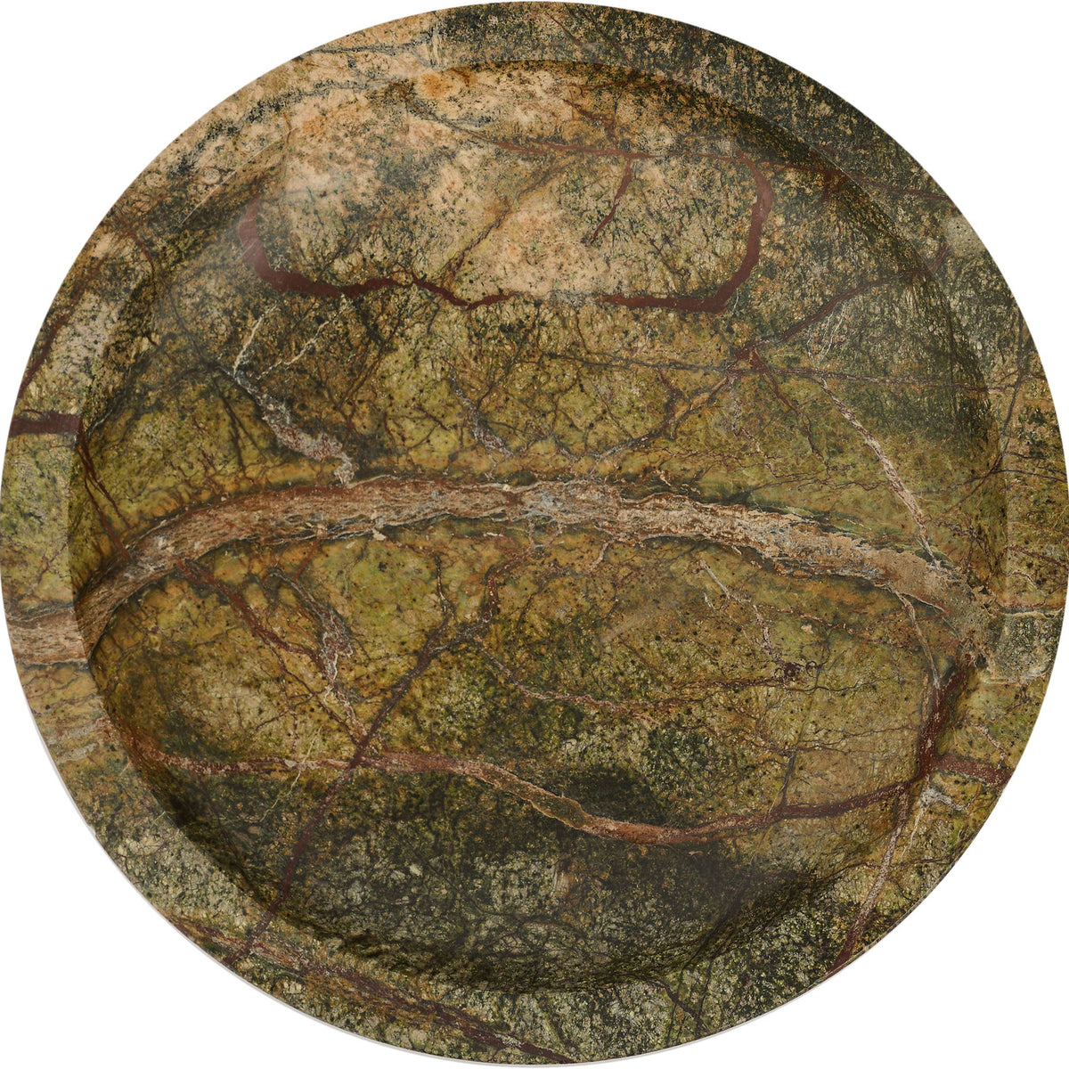Green marble bowl with shallow round basin and pedestal base, mottled veined pattern
