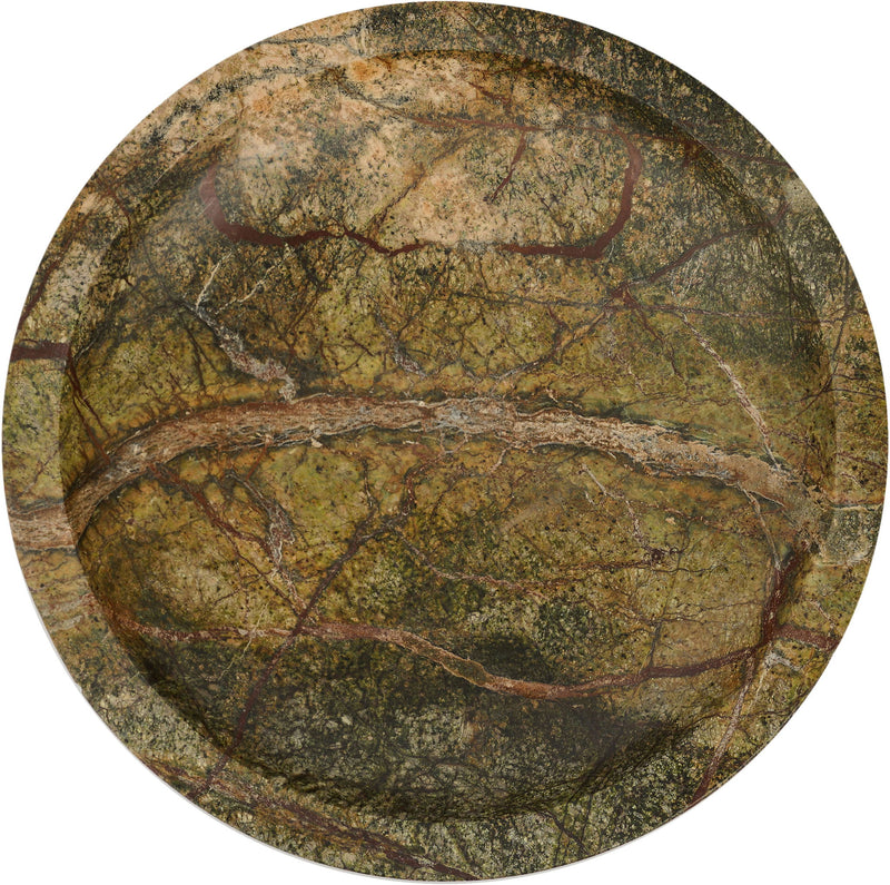 Green marble bowl with shallow round basin and pedestal base, mottled veined pattern