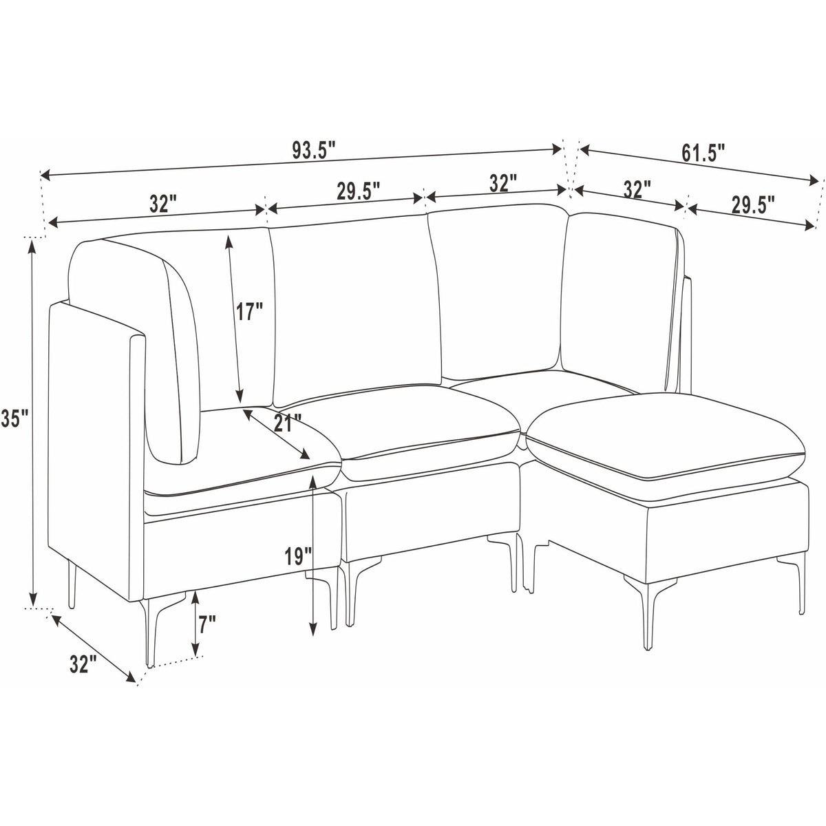 Modular sectional sofa with tall legs and ottoman, side view with dimensions