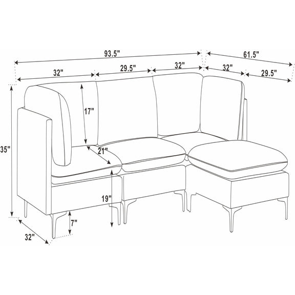 Modular sectional sofa with tall legs and ottoman, side view with dimensions