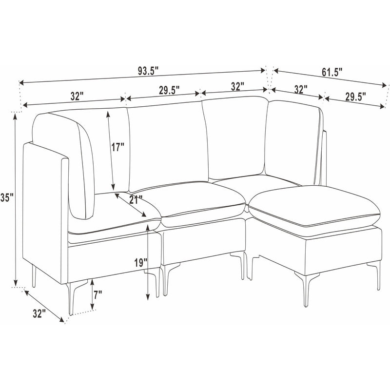 Modular sectional sofa with tall legs and ottoman, side view with dimensions