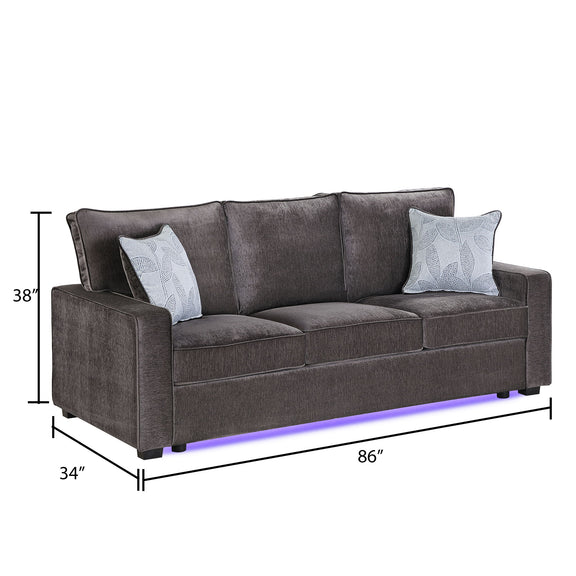 Rita LED living room set: dark gray sofa with armrests and accent pillows