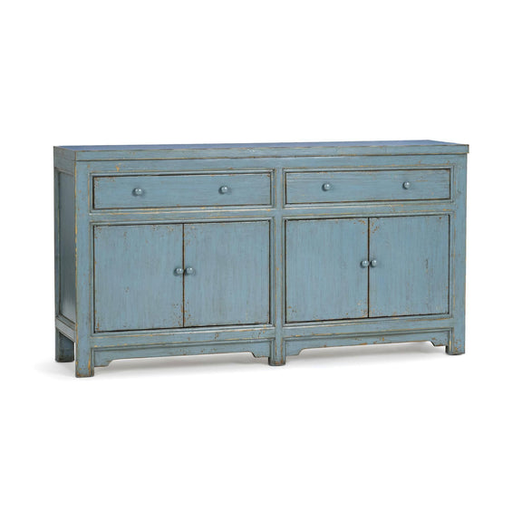 Coastal blue cabinet with two top drawers and two front cabinet doors, both closed