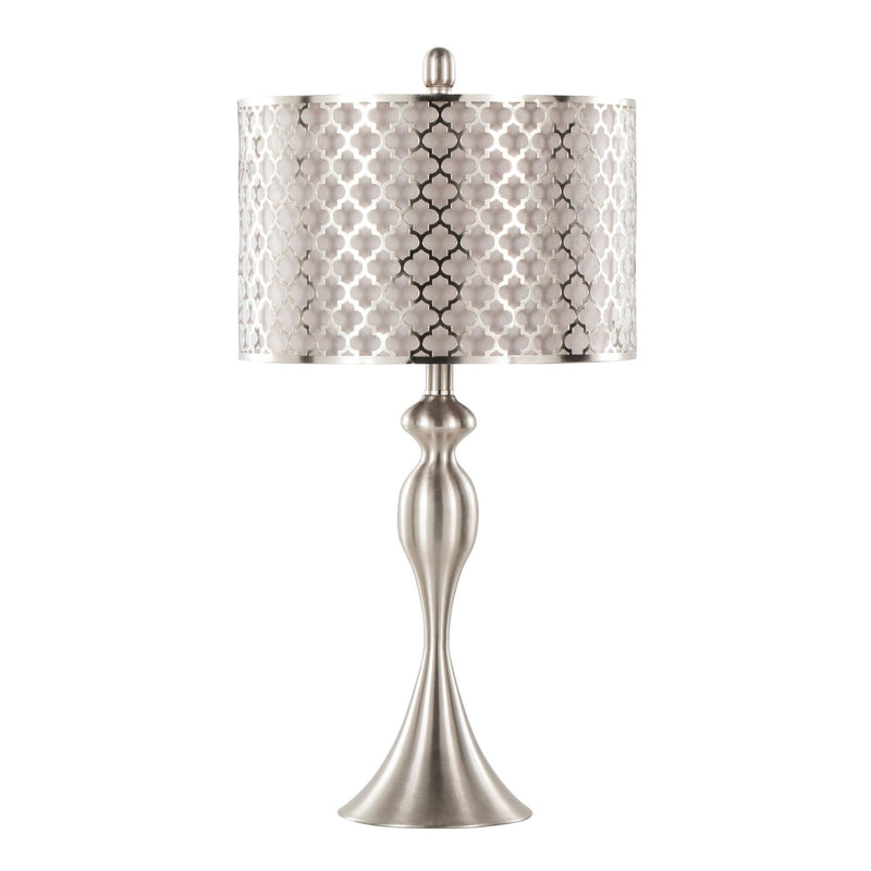 Table lamp with geometric patterned drum shade and brushed metal hourglass base