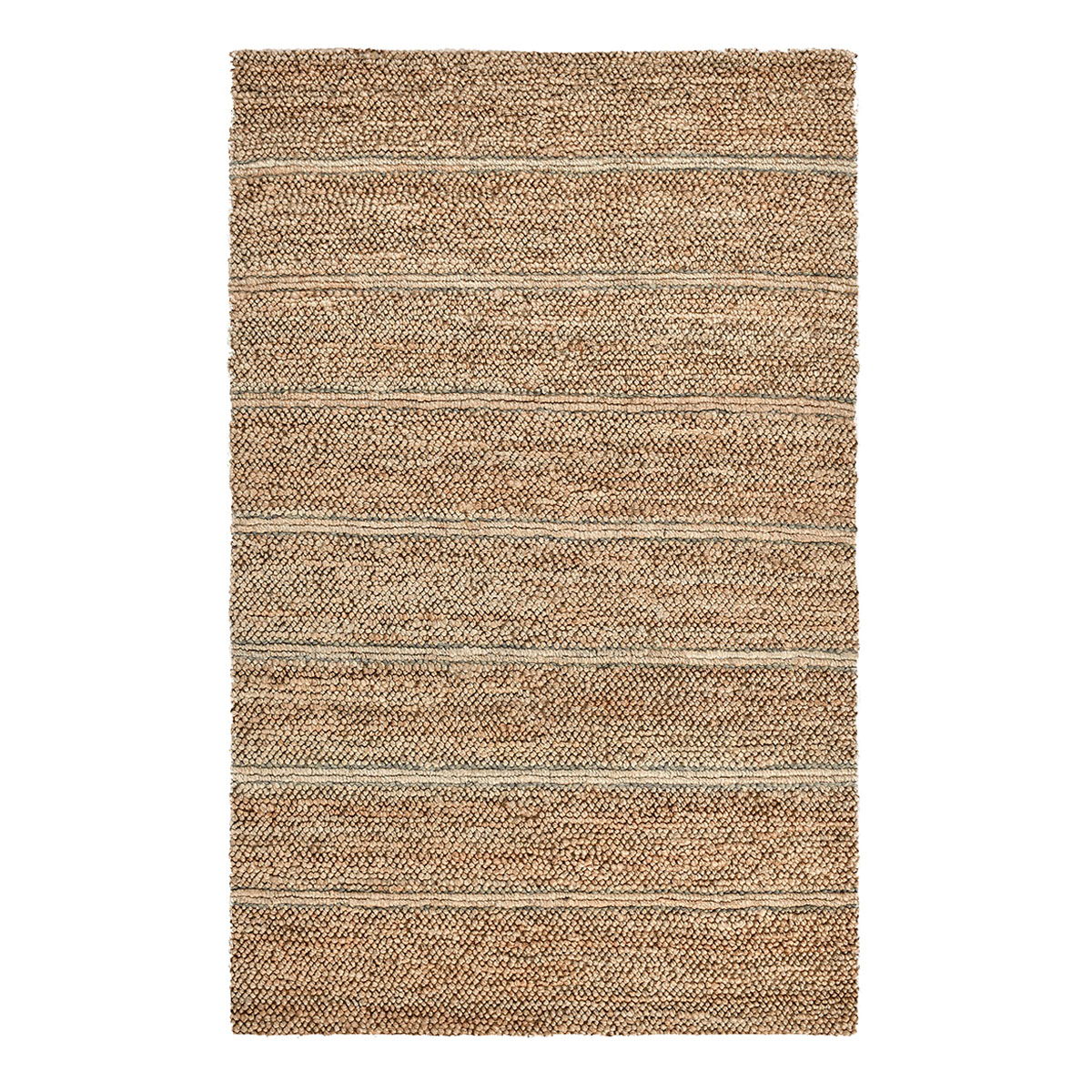 Light brown striped area rug with thin blue and cream horizontal stripes
