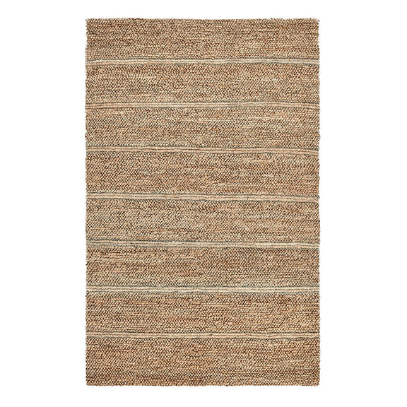 Light brown striped area rug with thin blue and cream horizontal stripes